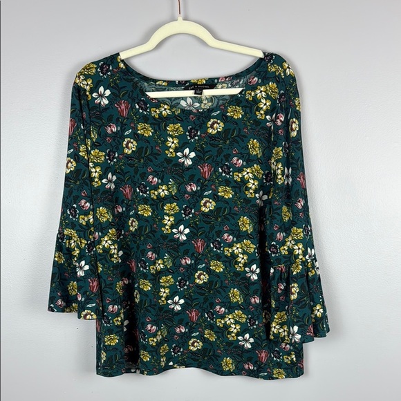 Zac & Rachel Green Floral 3/4 Ruffle Sleeve Boxy Blouse Size Large - Picture 2 of 9